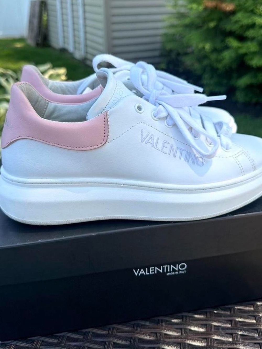Valentino White Leather Sneakers with Pink Heel Collar